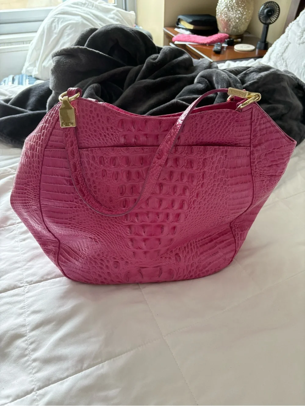 Brahmin Hot Pink Croc-Embossed Hobo with Gold Hardware